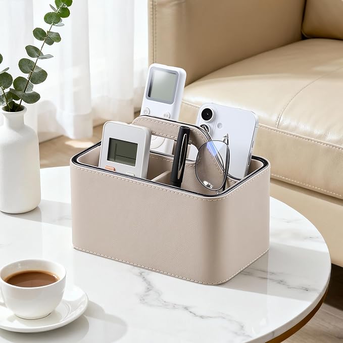 Caddy Organizer with Handle, PU Leather Remote Control Holder Desk Caddy, Portable Makeup Remote Organizer for Table, Nightstand, Office (Beige)