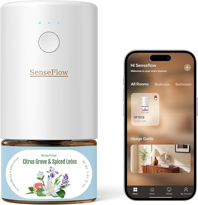 SF101S Pro Smart Plug in Air Freshener for Home, Waterless Essential Oil Diffuser, Aromatherapy Home Diffuser, 120-Day Natural Aroma Mist – Free 30ml Citrus Grove & Spiced Lotus (Sky Blue)