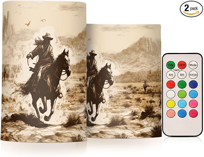 YETTASBIN Western Desert Cowboy Flameless Candles with Remote Control and Timer, Adjustable Brightness Long Lasting Battery Operated LED Pillar Candles for Indoor Outdoor Party Home Decor, 2 Pack