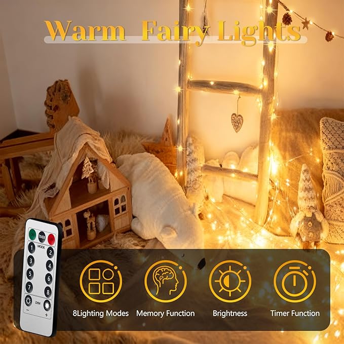 200 LED 67Ft Fairy Lights Battery Operated with Remote，Waterproof String Lights for Indoor & Outdoor,8 Modes Christmas Lights for Christmas Tree,Bedroom, Party,Wedding Decor