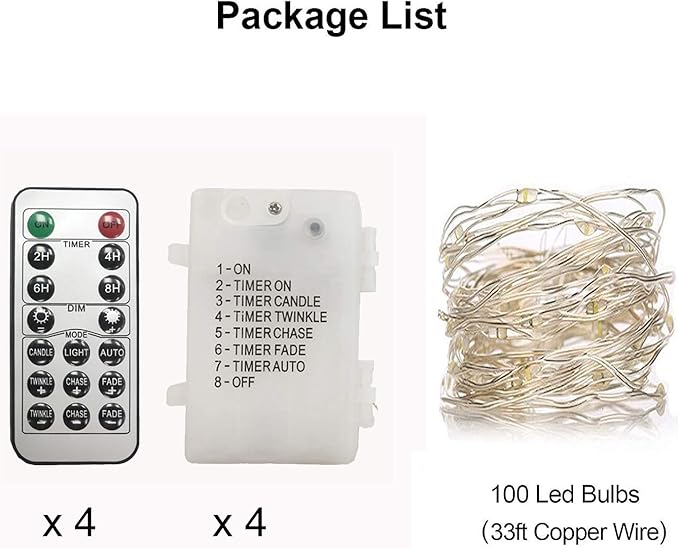 4 Pack 33Ft 100 Warm White Led Fairy Lights Battery Operated with Remote Control Timer Waterproof Silver Copper Wire Twinkle Lights