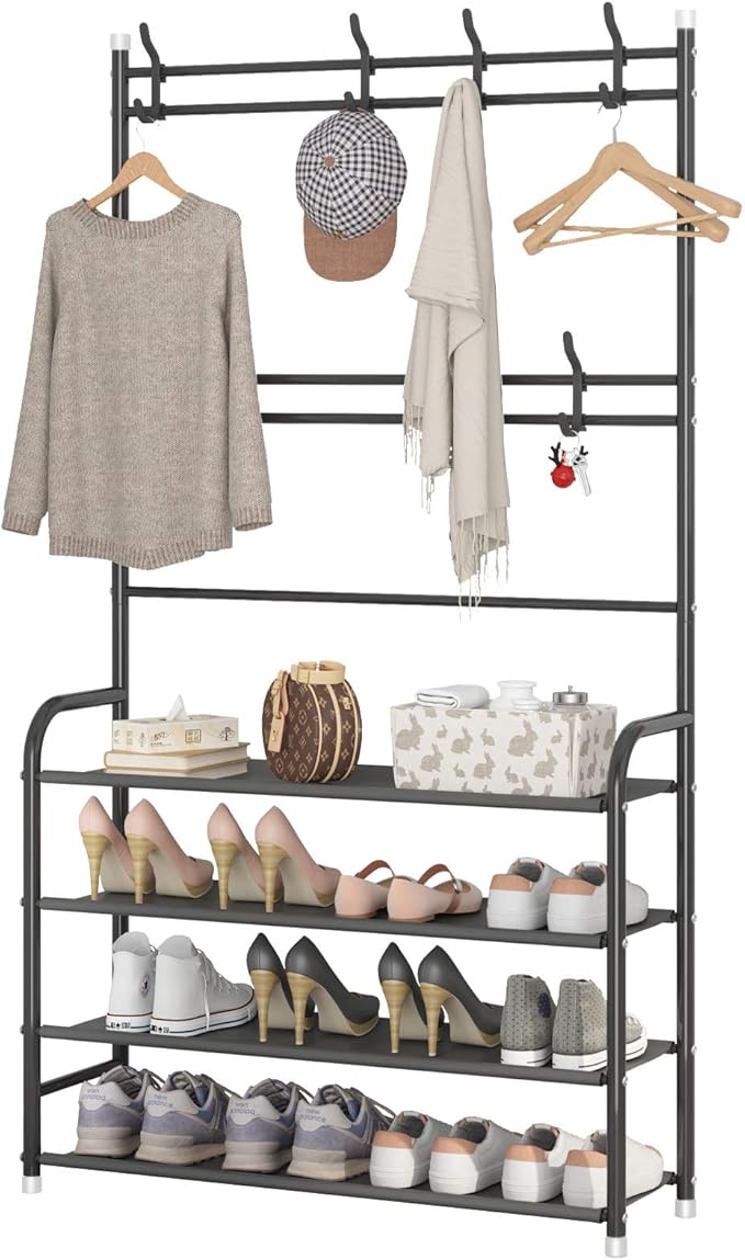 UDEAR Entryway Coat Rack,3-in-1 Hall Tree Multifunctional Storage Shelf with 4-Tier Shoe Bench and 8 Hooks,16-20 Pairs of Shoes,Easy Assembly,for Entrance Foyer Bedroom Barthroom,Black