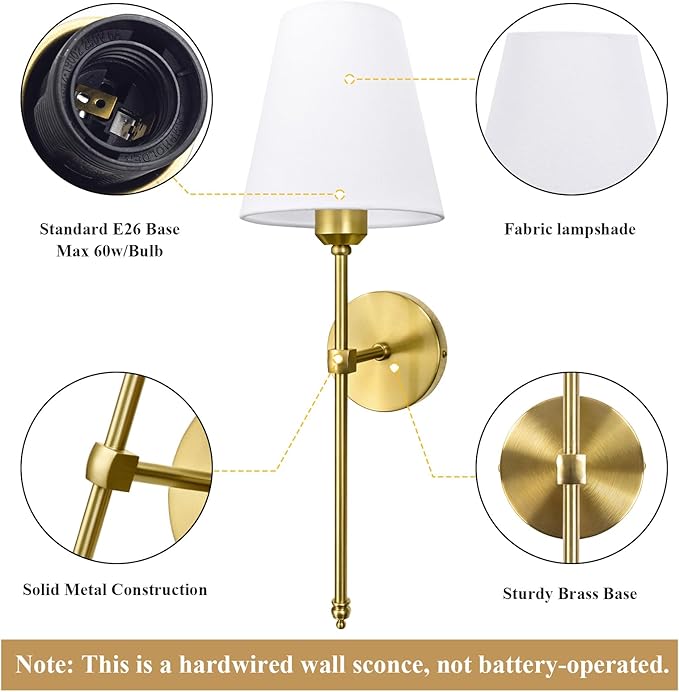 Bsmathom Wall Sconces Sets of 2, Hardwired Classic Brushed Brass Sconces Wall Lighting, Bathroom Vanity Light Fixture with Fabric Shade for Bedroom Living Room Hallway Kitchen, Bright Gold
