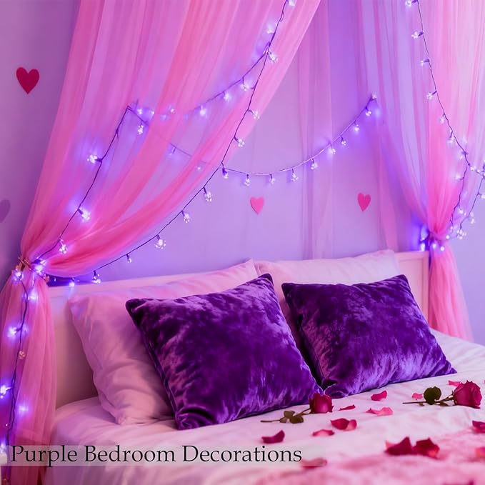 Decorative Flower String Lights, 33ft 100 LED Clear Wire Plug in Fairy Lavender Cherry Blossom Easter Christmas Hanging Decorations, Violiet Wedding Party Indoor Outdoor Decorations (Purple)