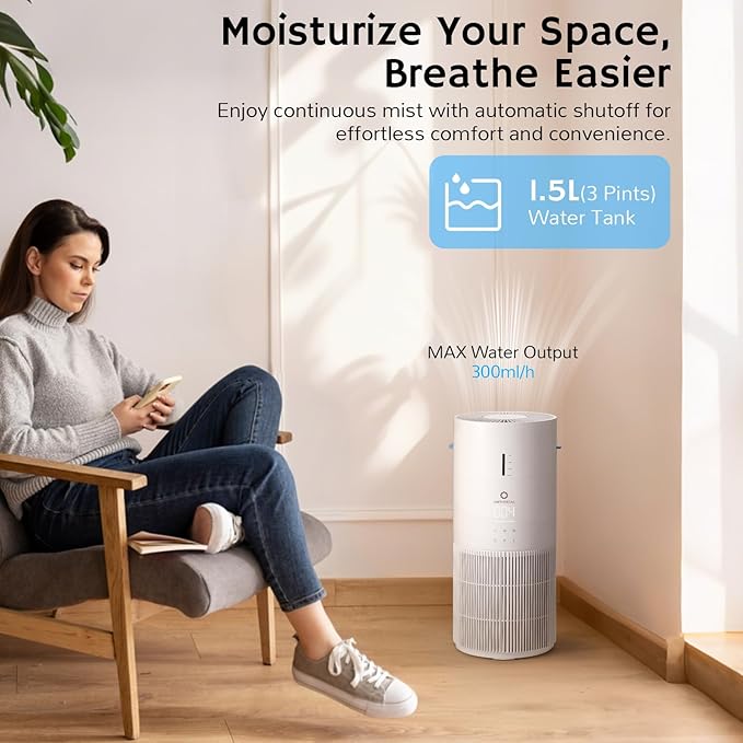 Airthereal 2-in-1 Air Purifier and Humidifier Combo for Large Room up to 1325 ft², 3-Stage Filters, Air Quality Monitor and Quiet Sleep Mode, Evaporative Humidifier with Hygrometer, AEH300