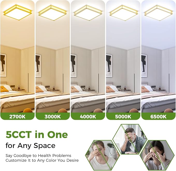 13 Inch Gold Square LED Ceiling Lights for Bedroom Kitchen Bathroom, 36W Super Bright 3200LM Modern Flush Mount Light Fixture, 2700K-6500K Selectable Dimmable Close to Ceiling Double Ring Lamp, 1-Pack