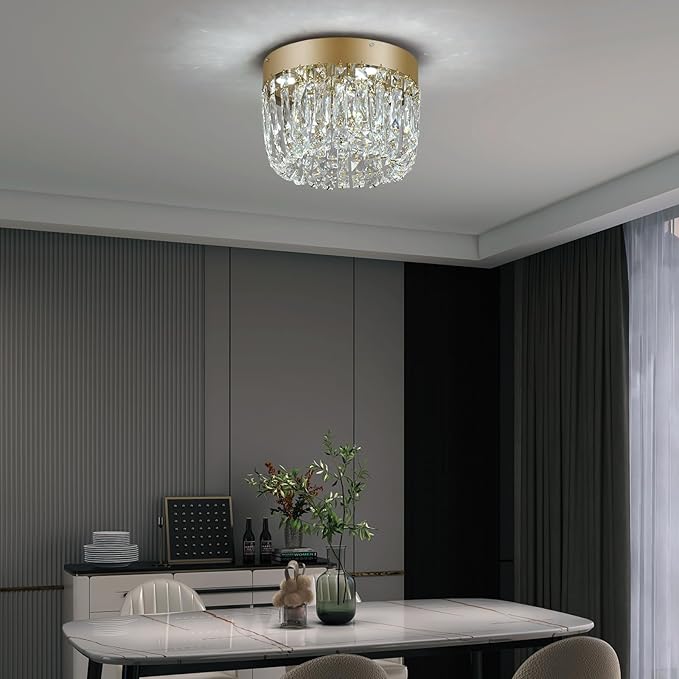 Deckrico Modern Crystal Chandelier Flush Mount Ceiling Light, 11.8" Gold LED Lighting Fixture for Bedroom Hallway Entryway Foyer