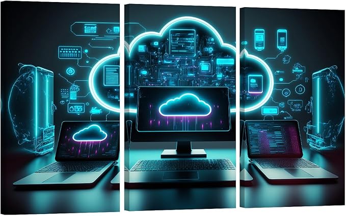 LSIUHWUWI 3 Panel Wall Paintings for Living Room Modern Cloud Technologies Neon Colors Cyber Space Picture Prints on Canvas for Home Office Wall Decorations, 20x40inchx3