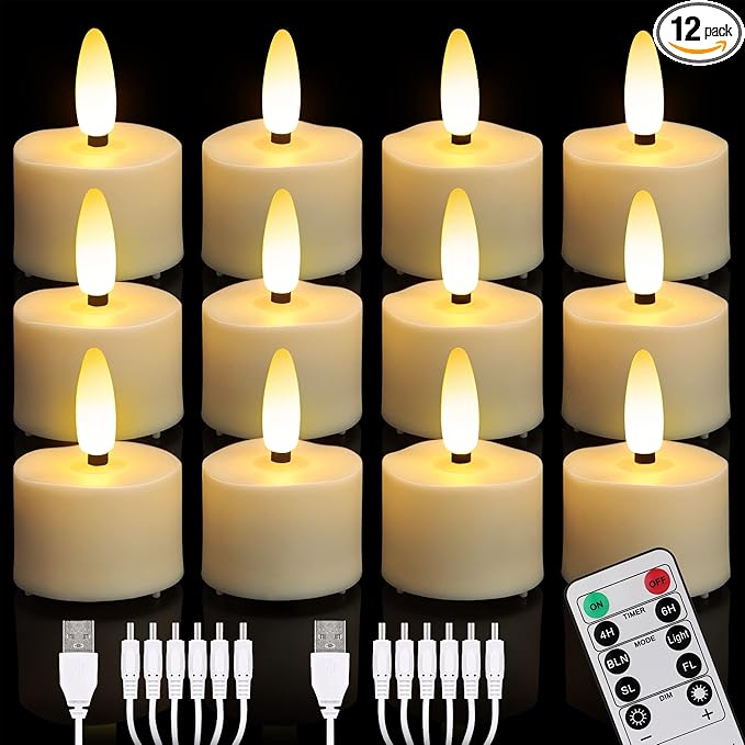 USB Rechargeable 3D Wicks Tealights Candle Flameless Flickering Battery Operated with Remote Control & Timer Realistic Led Tea Lights for Halloween Christmas Home Decor (12 PCS,Rechargeable)