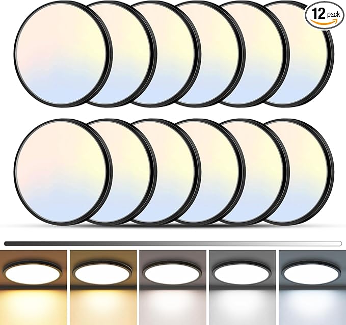 zemty 12Pack LED Flush Mount Ceiling Light, 12Inch 24W Dimmable Ceiling Lights Fixture, 5 Color Temperatures (3000K-6500K) Black Round Ceiling Lamp for Bedroom, Kitchen, Hallway,Bathroom