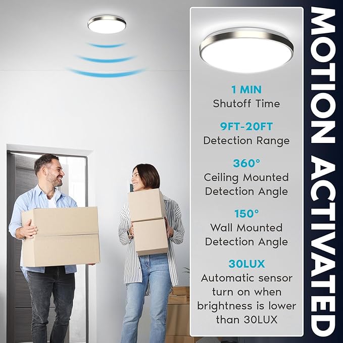 LUXRITE Motion Sensor LED Flush Mount Ceiling Light, 11 Inch, 5CCT Selectable 2700K 3000K 3500K 4000K 5000K, 60s Timeout, 16W, 1200LM, Brushed Nickel, Damp Rated, ETL Listed - Indoor and Outdoor
