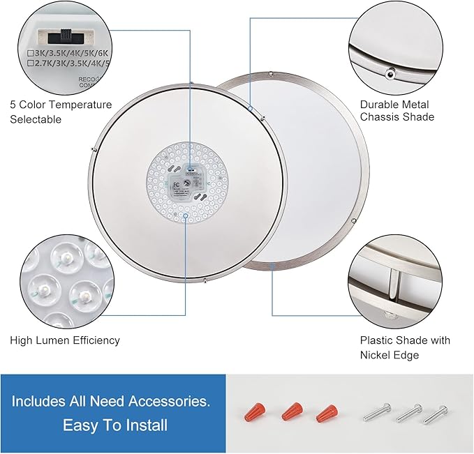 DLLT 2Pack Flush Mount LED Ceiling Light: 16 Inch 5CCT (3000K-6000K) & Dimmable Ceiling Light Fixtures for Bedroom Hallway - 36W Modern Brushed Nickel Super Bright Kitchen Lighting Fixtures Ceiling