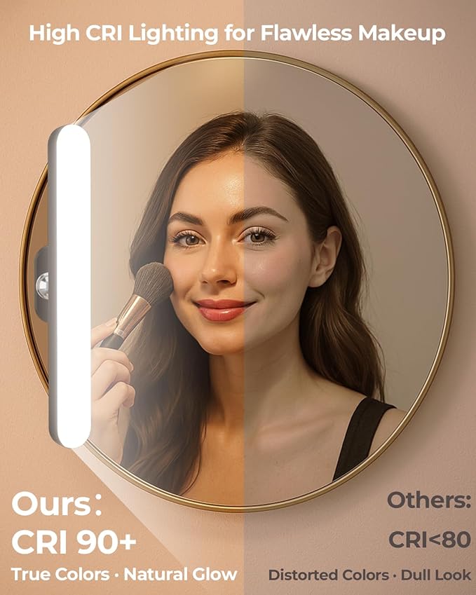 Wireless Rechargeable Bathroom Vanity Light – Black, 1600mAh Battery Operated Makeup Light Stick On, with 3 Color Modes & Touch Control, Adjustable Angle, USB-C Fast Charging for Above Mirror