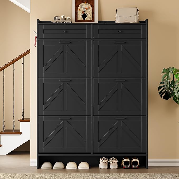 Shoe Cabinet for Entryway, Farmhouse Shoe Storage Cabinet with 6 Flip Drawers and 2 Top Drawers, Tall Narrow Shoe Organizer Cabinet with Adjustable Shelves, Side Hooks and Anti-Tip Kit