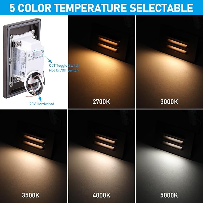 LEONLITE 5CCT 120V LED Step Lights, 3.5W Dimmable Horizontal Louvered Stair Lights Indoor Outdoor, Wet Location, CRI90, ETL, 2700K/3000K/3500K/4000K/5000K, Aluminum, Oil Rubbed Bronze, Pack of 3