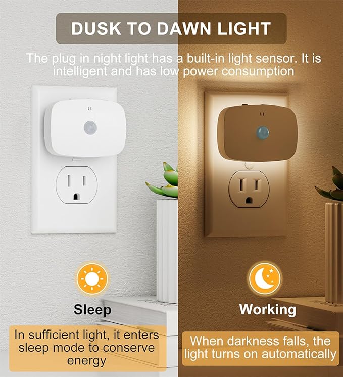 LED Night Light, Plug-in LED Backlit Night Light with Motion Sensor & Dusk to Dawn Sensor, Dimmable Nightlight 3-Color Temperature Adjustable Brightness for Bedroom Bathroom Stairs Hallway