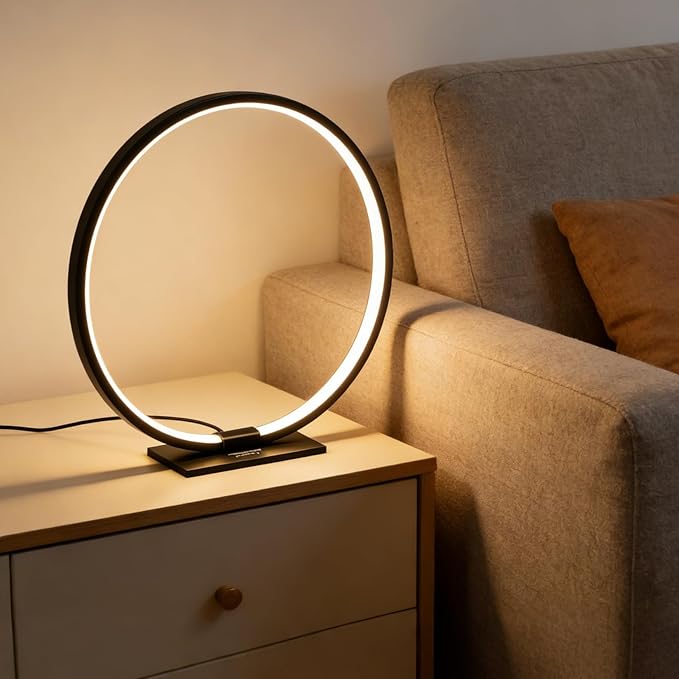 Modern Circle Table Lamp LED Warm Light Nightstand Lamp Black Bedroom Lamp with Dimmable Touch Control for Reading Bedroom and Office, 12W 3000K