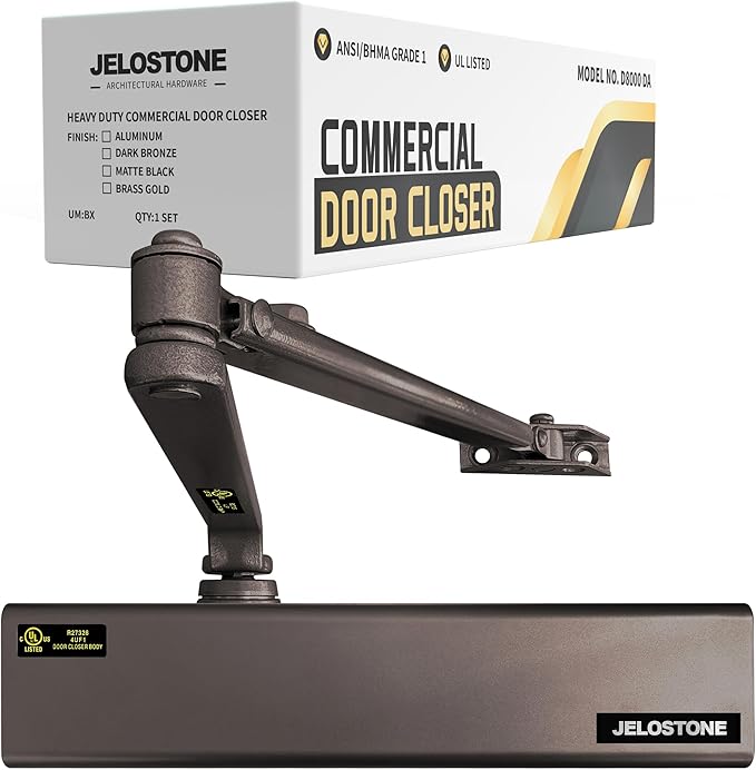 Heavy Duty, Commercial Door Closer D8000DA, ANSI Grade 1, UL 3 Hour Fire Rated, ADA Compliant, Delayed Action, Adjustable Spring Size 1-6 for Doors(44-330LB/30-60 in), Indoor/Outdoor (Bronze)