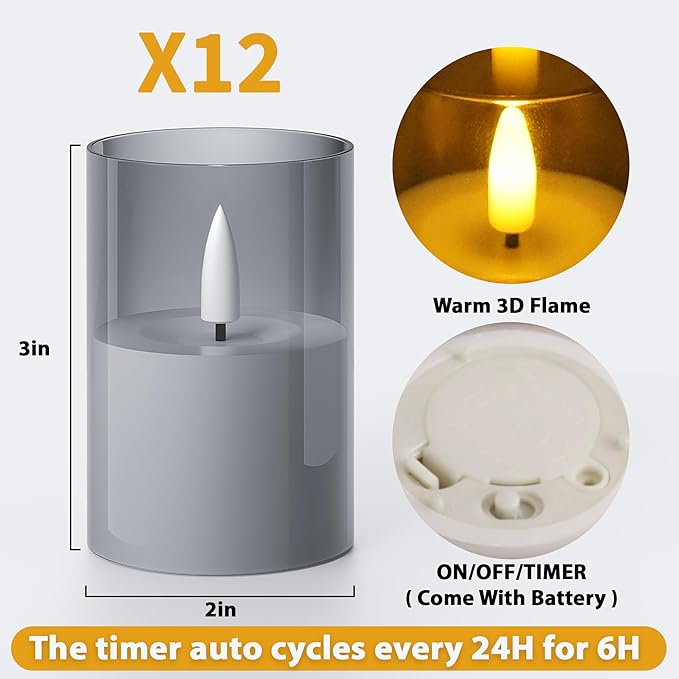 12Pack Flickering Flameless LED Candles with Timer, Battery Powered - Small Pillar & Votive, Grey (2"X3")