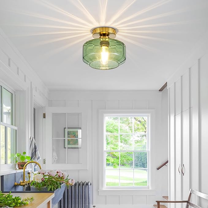 Tbaoinal Semi Flush Mount Ceiling Light Textured Green Glass Shade Matal Base Inclede LED Bulb, for Kitchen/Hallway/Entryway/Bathroom for a Golden Brass