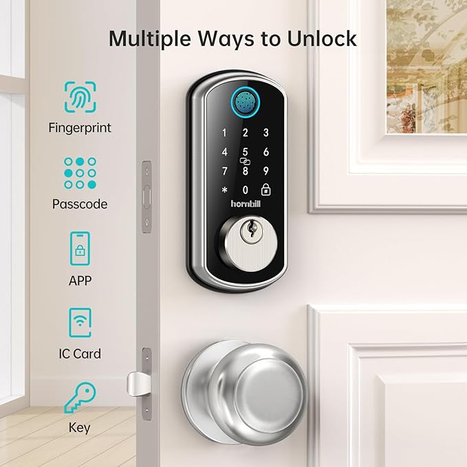 WiFi Smart Door Lock：Hornbill keyless Entry Door Lock with Handle,Fingerprint Smart Lock with 2 Knobs, Alexa Bluetooth Remote APP Control,Auto Locking for Home Hotel,Satin Nickel