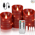 Red Rechargeable LED Flameless Candles 3-Piece Set (4/5/6 Inches) - Real Wax with String Lights, Remote Control & Timer, Safe Realistic Flames for Christmas/Halloween Holiday Home Decorations