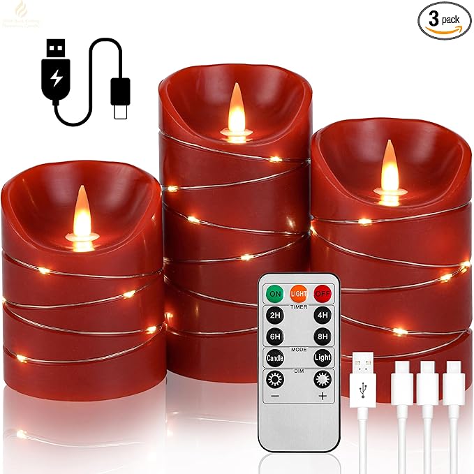 Red Rechargeable LED Flameless Candles 3-Piece Set (4/5/6 Inches) - Real Wax with String Lights, Remote Control & Timer, Safe Realistic Flames for Christmas/Halloween Holiday Home Decorations
