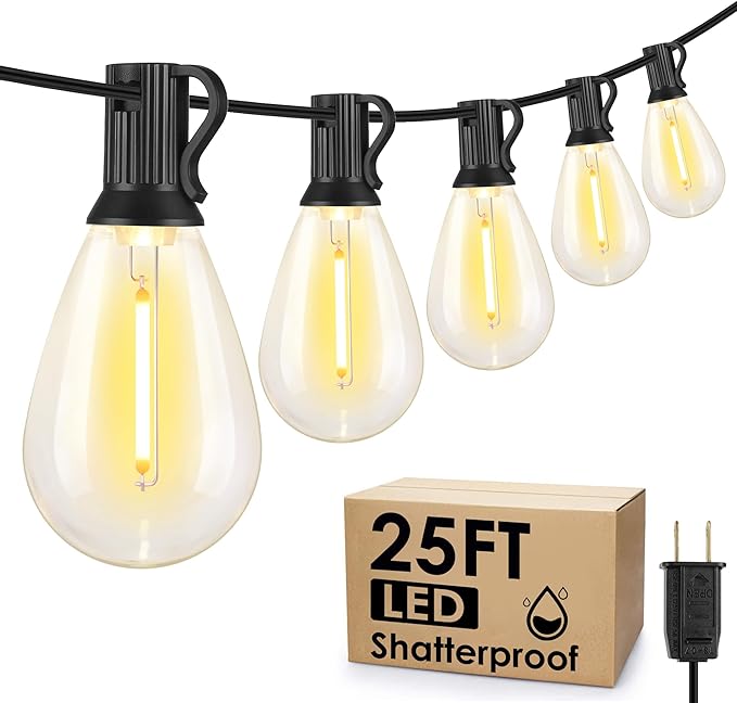 25FT LED Outdoor String Lights, 10+1 Edison S11 Dimmable Bulb Waterproof Patio Lights, Connectable Outside Hanging Strand for Backyard Garden