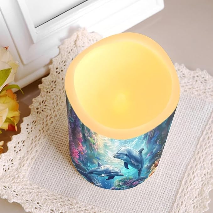 Sea Dolphin Flameless Candles with Remote Color Changing Battery Operated Pillar Candles with Flickering Flame Electric Fake Plastic Candles Tea Light Living Room Dining Table Decor
