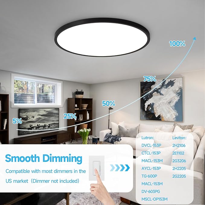 20 Inch Large LED Flush Mount Ceiling Light Fixture,45W,4600LM,3000K/4000K/6000K CCT Selectable,0.9 inch Super Slim Round Ceiling Light for Bedroom,Hallway,Kitchen (Dimmable Black 1PK)