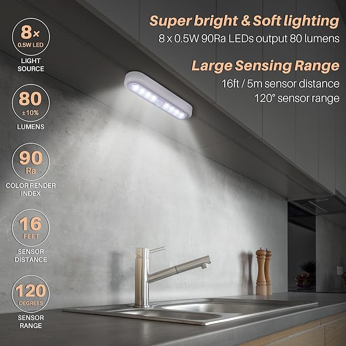 STAR-SPANGLED 3 Pack 7” Motion Sensor Lights Indoor Battery Operated, Stick on LED Light for Closet, Stairs, Under Cabinet, Cool White