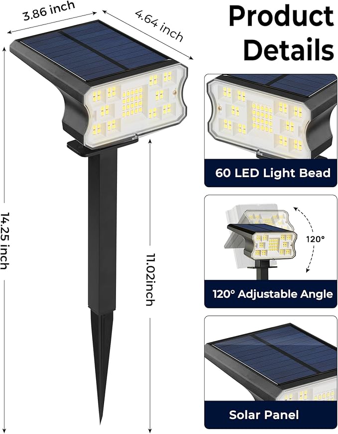 Solar Lights Outdoor Waterproof IP67, 4 Pack 60 LED Solar Spot Lights with 3 Lighting Modes, 2-in-1 Auto On/Off Cool White Solar Outdoor Lights for Yard Garden Pathway Landscape