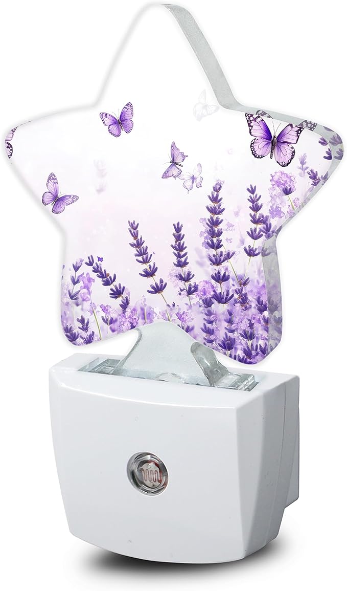 Lavender Butterfly Nightlight,Summer Flowers Star Night Lights Plug into Wall Decorations for Bedroom Bathroom,Dusk to Dawn Sensor Kitchen Hallway Stairs Energy Efficient Desk Lamp