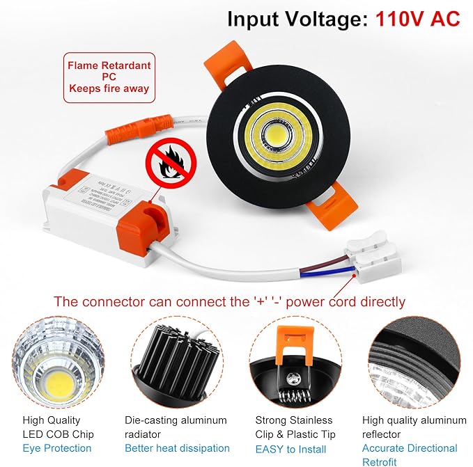 inShareplus 2 Inch LED Downlight, 3W Recessed Lighting 220LM COB Dimmable, 5000K Daylight White, CRI80, Black Trim, Ceiling Lights with LED Driver, 12 Pack