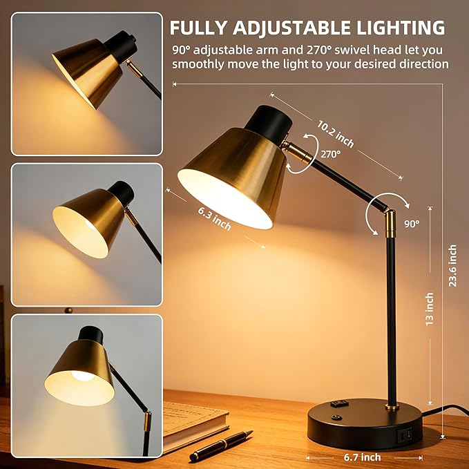 Modern Desk Lamp with USB & AC Outlet, Adjustable Industrial Table Lamp, Heavy Base, 270° Swivel, E26 Socket for A15/G45/T45 Bulbs, Bedside Lamp for Bedroom, Office, Living Room (Bulb Not Included)