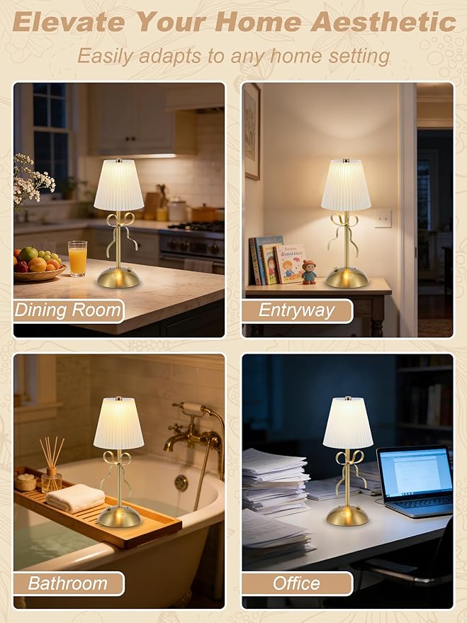 Cordless Table Lamp,Small Gold Bow Night Light,LED Rechargeable Reading Lights,3 Color Stepless Dimmable Touch Control Bedside Lamps,Bedroom Living Room Bar Desk Lamps Home Decor Ambient Lighting