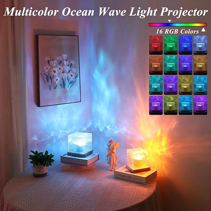 Aurora Ocean Wave Lights Projector, Cordless Rechargeable,16 Colors Changing Light Dimmable Mood Lighting, Remote Crystal Night Lamp with Dynamic Ripple Effect for Bedroom Playroom Decor Kids Teens