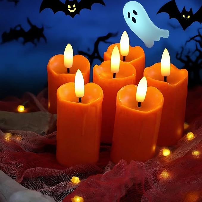 CANDLE CHOICE Battery Operated Flameless Votives with Auto Daily Cycle Timer Long Lasting Realistic Black Wick Electric LED Candles Wedding Party Holiday Halloween Christmas Decorations 6 Pack Orange