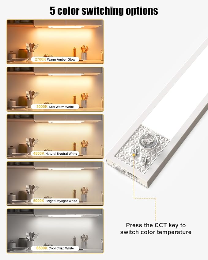 Under Cabinet Motion Sensor Lighting - 12 Inch Wireless Under Cabinet Lighting, Rechargeable with Magnetic Mount, 5CCT Adjustable for Kitchen/Hallway (White, 2-Pack)