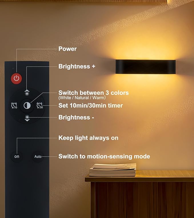 2Pcs Motion Sensor Wall Light with Remote Control, LED Indoor Up and Down Wall Sconce, 6000mAh Rechargeable Battery Powered Wall Lamps, 3 Colors Wireless Wall Lamp, Brightness Adjustable