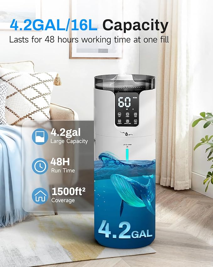 16L Smart Humidifier large room, Whole house Humidifier for Home 1500 sq.ft with APP/Voice/Remote Control, Ultrasonic Cool Mist Humidifiers for Bedroom, Plants, office with Tube, White