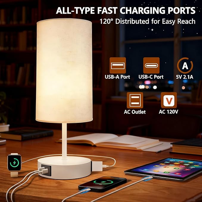 HiBay 2-Set 17.75" Touch Bedside Table Lamps with USB Charging Ports & AC Outlet, Modern White 3-Way Dimmable 800lm LED Nightstand Lights with Fabric Shade for Bedroom Living Room Dorm