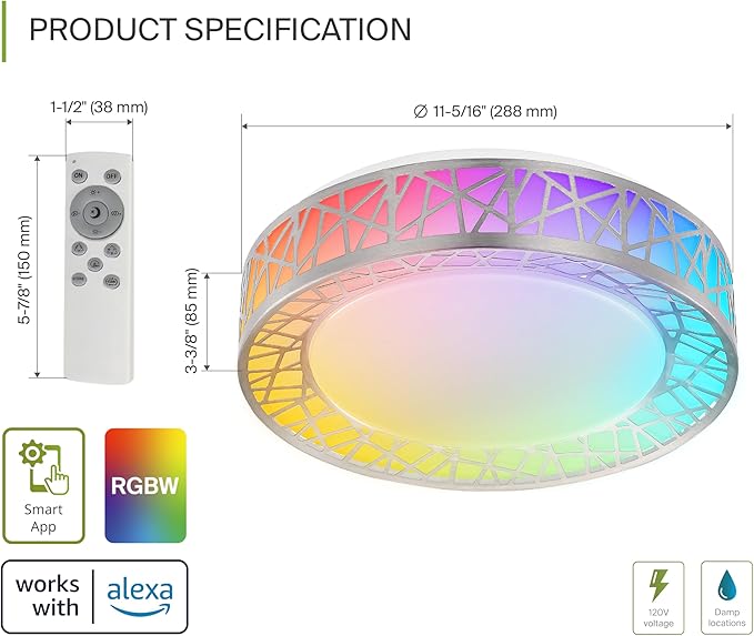 ASD 12 Inch Smart RGBW Flush Mount Ceiling Light with Remote - Brushed Nickel 20W 120V 2700-6500K Dimmable Ceiling Light Fixture, WiFi App Control RGB Lights, Alexa & Google Assistant - ETL, 4 Pack