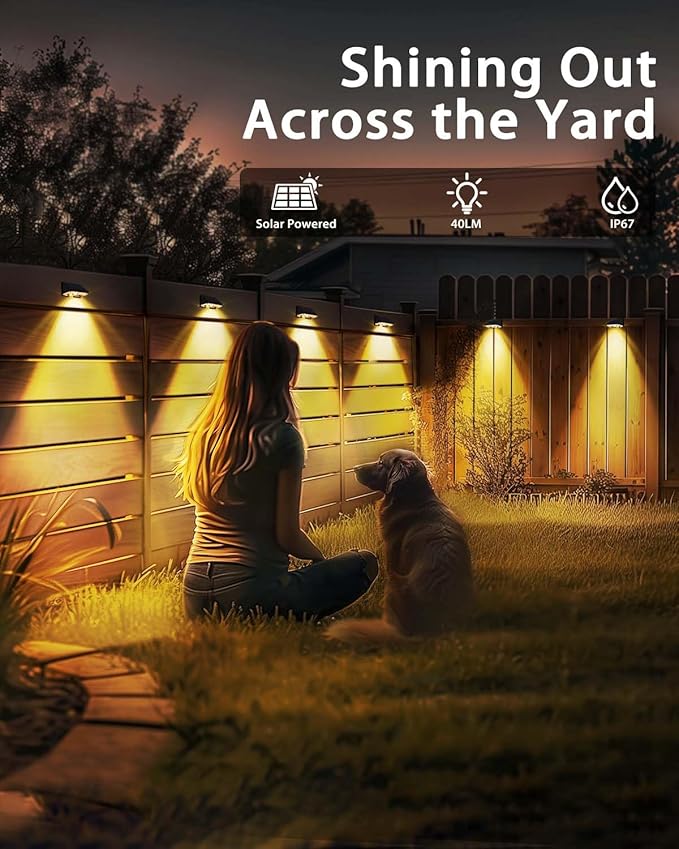 Solar Fence Lights Outdoor 8-Pack | IP67 Waterproof Wall Lights | Dusk to Dawn Auto-On/Off, Easy to Install | Decorative Solar Lights for Deck, Patio, Yard, Step, Garage, Pool (Warm White)