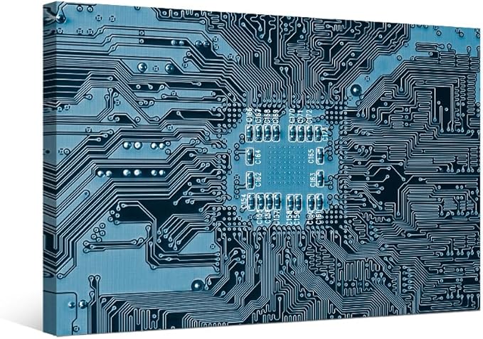 LSIUHWUWI Canvas Wall Art for Living Room Electronic PC Blue Electronic Circuit Wall Art CPU Concept Vault Door and Binary Code Inside Home Decor Electronic Board Picture Ready to Hang 16X24 INCH