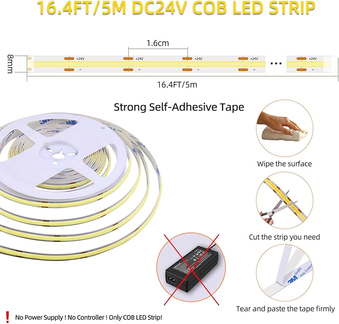 LED Strip Lights 24V COB LED Purple Super Bright LED16.4ft Dotless High Density 14W/m, 8mm Width Cuttable Flexible for Home DIY led Purple Commercial Decoration Projects (No Power Supply)