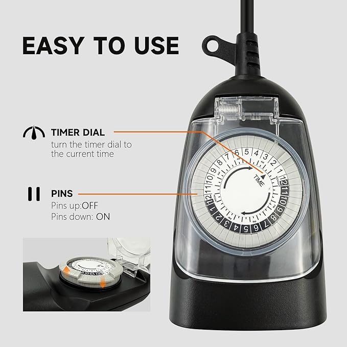 EP 24 Hour Mechanical Outdoor Timer Outlet, 6ft Outdoor Timer for Lights, Waterproof, 2 Grounded Outlets, 15A 1/2HP, Heavy Duty, ETL Listed