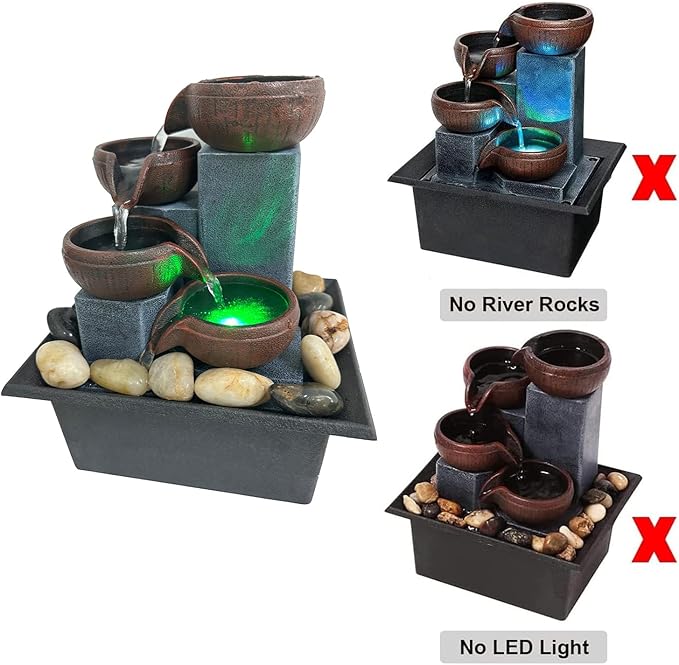 Small Tabletop Waterfall Fountain Zen Meditation Fountain Indoor Desktop Water Fountain with LED Light and Natural River Rocks for Office Home Bedroom