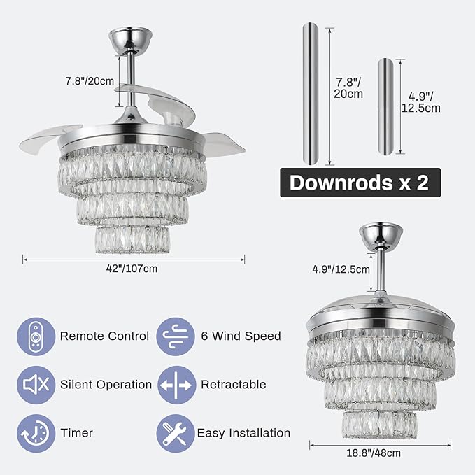 Finktonglan 42'' Fandelier Ceiling Fan with Light, LED Crystal Chandelier Ceiling Fan with Remote Retractable Chandeliers Fan for Bedroom Living Room, Timing 6 Speed Reversible, Chrome