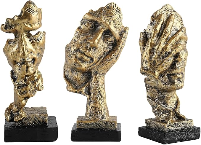 Modern Living Room Decoration - Gold Abstract Sculpture Decor for Shelves, Thinker Statues Set of 3, Resin Face Knick Knacks Home Decor for Office Bookshelf, Table, Gift for Friends